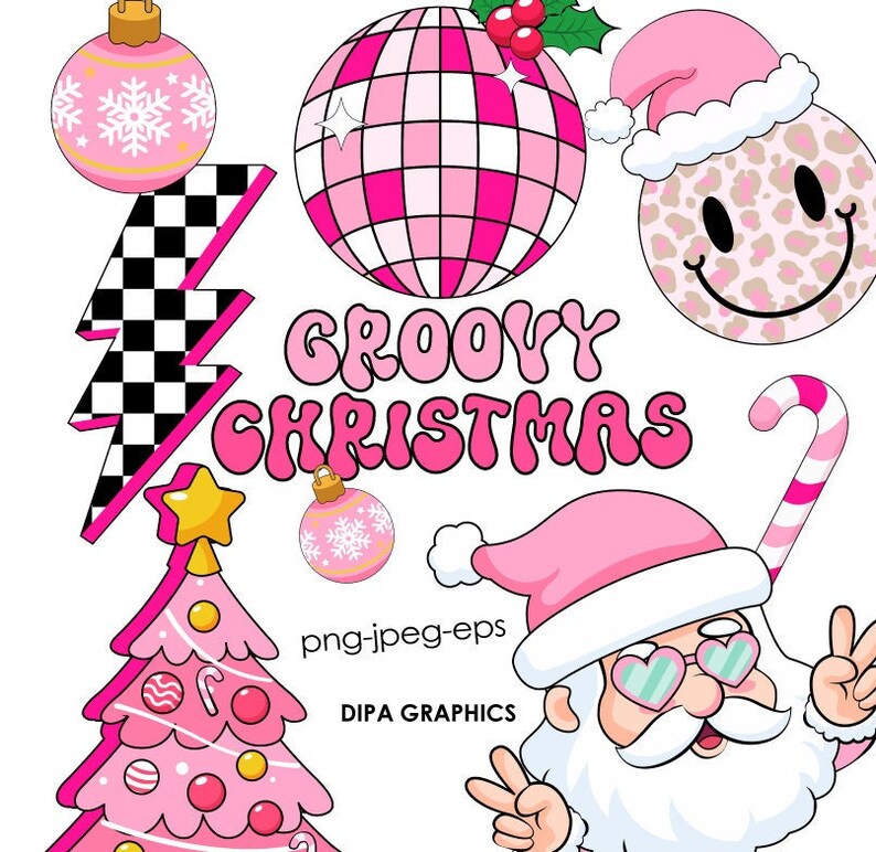 Pink Christmas PNG Disco, Candy Cane Clipart, Santa Claus png Sublimation Candy Cane Groovy Clipart INSTANT DOWNLOAD image 2