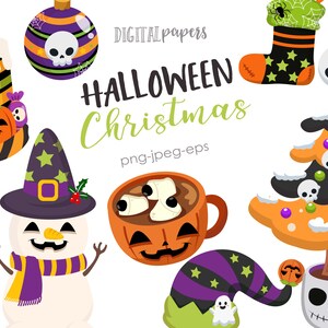 Puede incluir: Un conjunto de clipart digital con temática de Halloween y Navidad que incluye un muñeco de nieve con un sombrero morado y amarillo, una taza con forma de calabaza con malvaviscos, una media de Navidad con estrellas, un árbol de Navidad con calaveras y adornos, una campana con un murciélago, una calabaza con una cara de jack-o'-lantern, un bastón de caramelo y un adorno con una calavera y huesos cruzados.