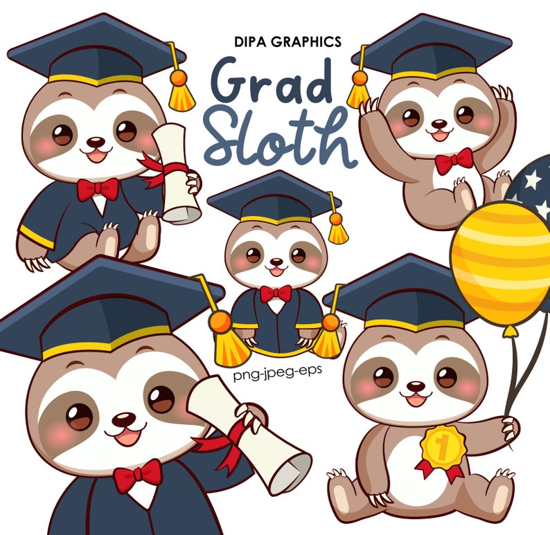 Graduation Sloth Clipart, Sloth PNG, Balloon Clipart, Diploma Clipart, Like PNG, Congrats to the Grad PNG, Commercial Use, Instant Download image 2