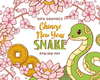 Chinesisches Neujahr Schlange Clipart: Lotus, Kirschblüte (PNG, JPG, EPS)