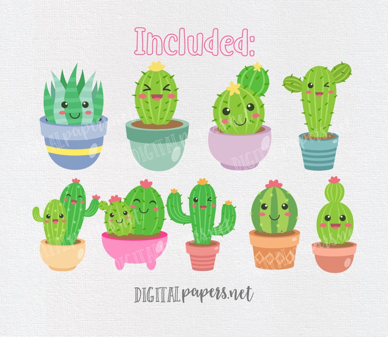 May include: A collection of cartoon cacti in various pots, each with a smiling face. The image includes the word "Included:" in pink script at the top and "DIGITALpapers.net" at the bottom. The cacti are green with yellow and pink accents.