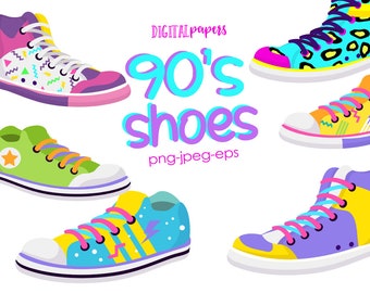 90s Shoes Clipart, 90s Party, Nostalgia, Retro Clipart, Sneaker Clipart, Vintage, Graphic Elements, Vector, Commercial, INSTANT DOWNLOAD