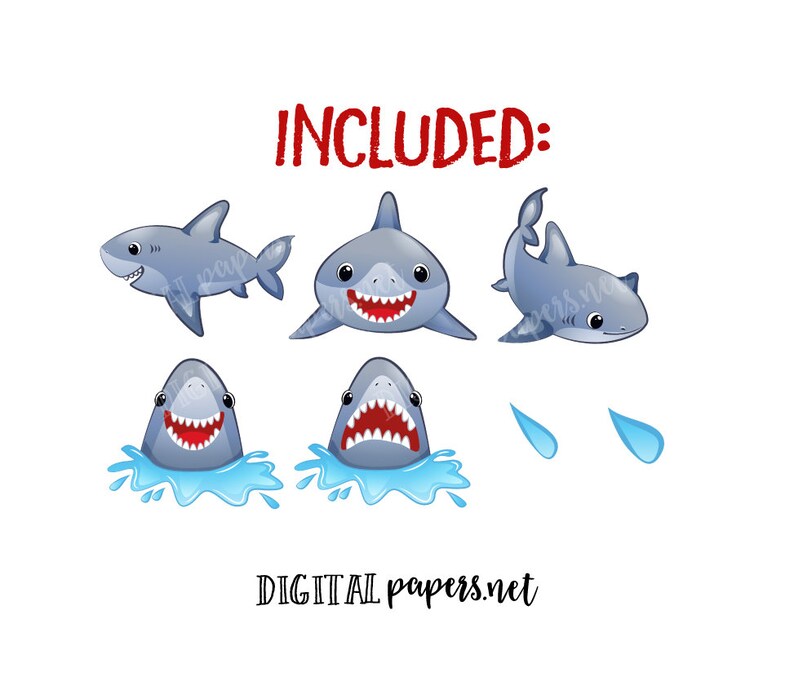 K&ouml;nnte beinhalten: Ein Satz digitaler Clipart-Bilder mit einem Cartoon-Hai in verschiedenen Posen. Der Hai ist grau mit wei&szlig;em Bauch und hat ein zahniges Grinsen. Der Satz enth&auml;lt einen schwimmenden Hai, einen Hai mit offenem Maul, einen Hai mit geschlossenem Maul und einen Hai mit Wasser, das um ihn herum spritzt. Der Text "INCLUDED" ist oben im Bild in Rot geschrieben.