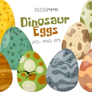 May include: A set of nine colourful dinosaur eggs with different patterns, including yellow with dots, green with spots, brown with stripes, and grey with swirls. The eggs are arranged in a circle on a white background. The text "Dinosaur Eggs" is written in green and brown letters above the eggs.