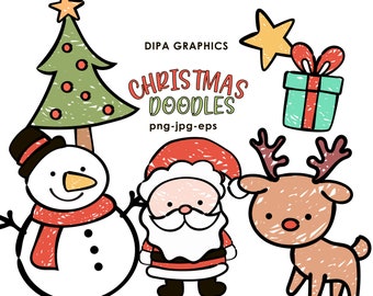 Christmas Handmade Doodles Clipart Graphics, Santa Claus, Christmas Tree, Reindeer, Snowman, Instant Download