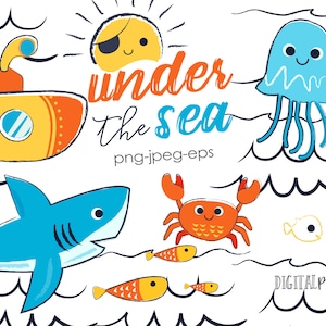 Sea Animals Clipart, Doodle, Shark Clipart, Jellyfish, Crab Clipart, Sun, Beach, Pool Party Clipart, Mermaid, Commercial, INSTANT DOWNLOAD