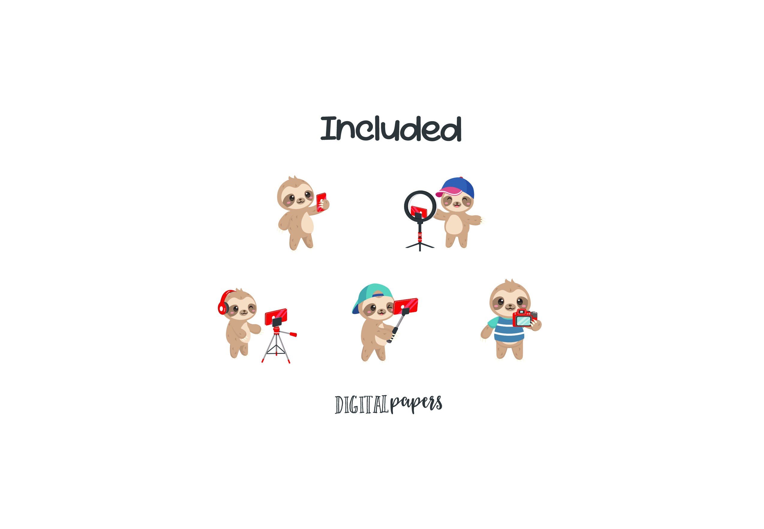 Influencer Clipart, Sloth Youtuber Clipart, Social Media Graphics ...