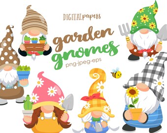 Gnome Clipart, Garden Gnome Clipart, Garden Clipart, Daisy, Floral, Sunflower Clipart, Cute Gnome, Butterfly, COMMERCIAL, INSTANT DOWNLOAD