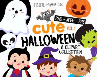 Niedliche Halloween Clipart, Halloween Geburtstagsparty, png Clipart, eps Vektor, kommerzielle Nutzung, Halloween Kostüm Clip Art, INSTANT DOWNLOAD