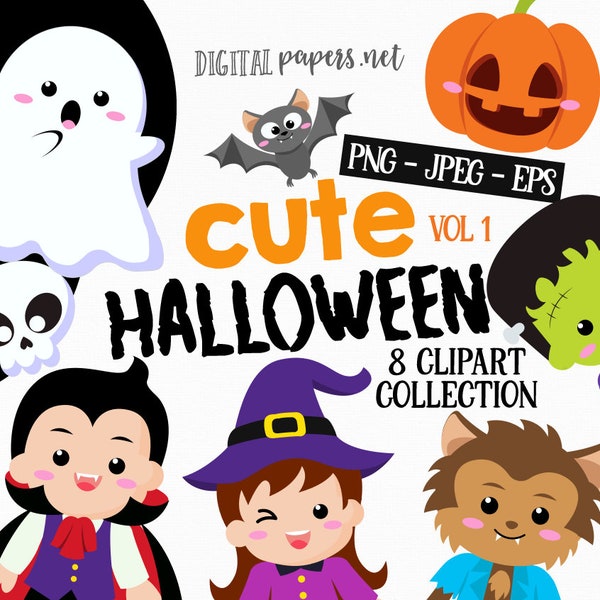 Halloween Cute Clipart, Halloween Birthday Party, png clipart, eps vector, COMMERCIAL use, Halloween Costume Clip Art, INSTANT DOWNLOAD