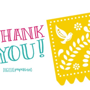 May include: A white background with the text "THANK YOU!" in pink and teal lettering. The text is below a yellow paper cutout with white floral and bird designs. The text "DIGITAL papers.net" is below the text "THANK YOU!"