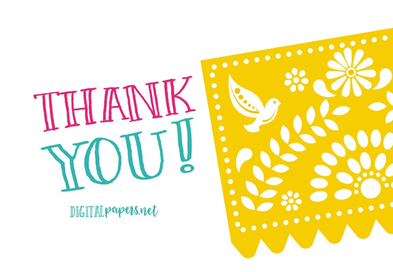 May include: A white background with the text "THANK YOU!" in pink and teal lettering. The text is below a yellow paper cutout with white floral and bird designs. The text "DIGITAL papers.net" is below the text "THANK YOU!"