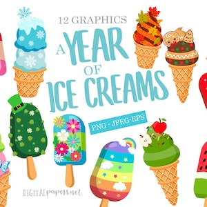 A Year of Ice Cream Clipart, Valentines Day, St Patricks, Halloween, Christmas, Ice Cream Clipart, COMMERCIAL use, INSTANT DOWNLOAD