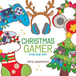 Può includere: Illustrazione festiva a tema natalizio con controller di gioco, una fascia per capelli a forma di corna di renna con cuffie e un albero di Natale decorato con controller. Il testo "CHRISTMAS GAMER" è visualizzato in verde.