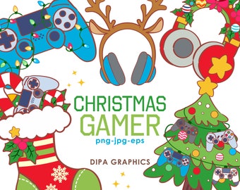 Christmas Gamer Clipart: Tree, Headphone, Streamer PNG (Instant Download)