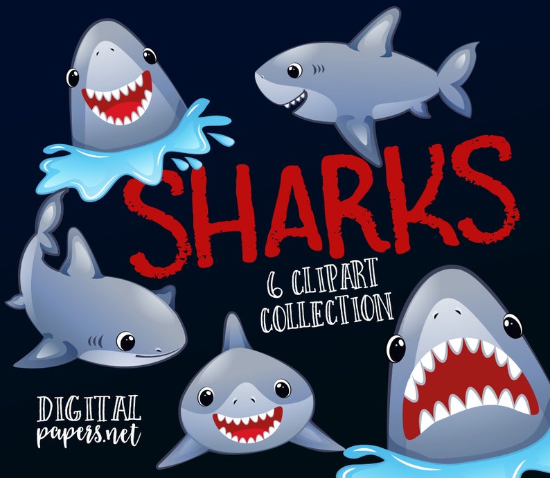 K&ouml;nnte beinhalten: Eine digitale Clipart-Sammlung mit sechs Cartoon-Haien mit verschiedenen Gesichtsausdr&uuml;cken. Die Haie sind blau-grau mit wei&szlig;em Bauch und schwarzen Augen. Der Text "SHARKS" ist rot mit einem abgenutzten Look und der Text "6 CLIPART COLLECTION" ist schwarz. Der Hintergrund ist dunkelblau.