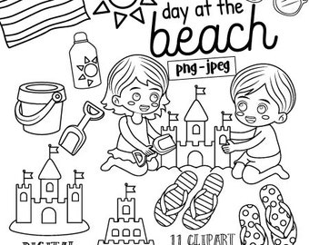 Beach Day Clipart: Sandcastles, Sun, Kids (PNG, JPEG)