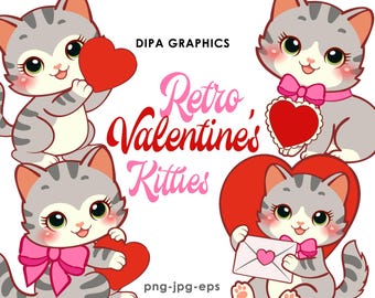Valentinstag Katze Clipart: Retro Kitty Doodles (PNG, JPEG, EPS Instant Download)
