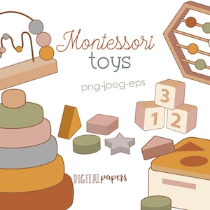 Imágenes Prediseñadas de juguetes Montessori, imágenes prediseñadas de guardería, imágenes prediseñadas de bebé, juguetes de madera, educativos, imágenes prediseñadas de juguete rústico, Vector, comercial, descarga instantánea