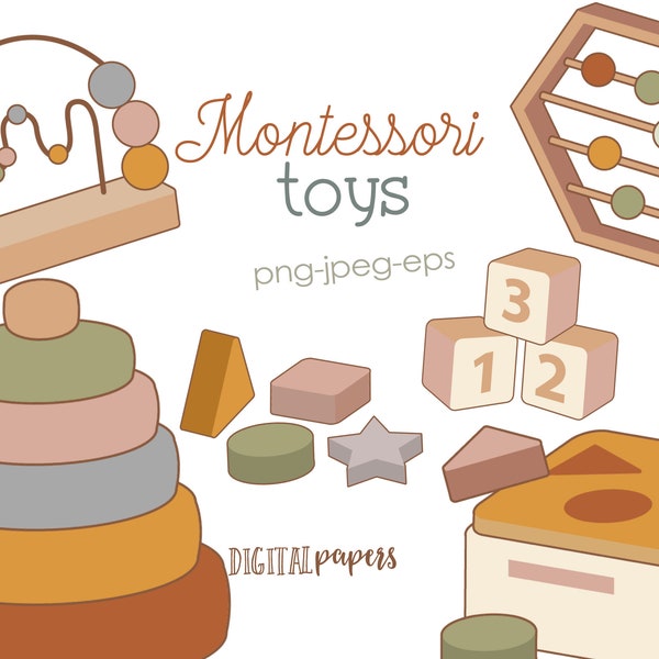 Montessori Toys Clipart, Nursery Clipart, Baby Clipart, Wooden Toys, Educational, Rustic Toy Clipart, Vector, Commercial, INSTANT DOWNLOAD