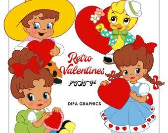 Retro Valentinstag Clipart: Cowboy, Entlein Doodles (PNG, JPEG, EPS Instant Download)