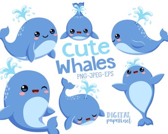 May include: Set of six cute blue whale illustrations with water spouts. Each whale has a different expression. The text "Cute Whales PNG-JPEG-EPS Digital papers.net" is at the bottom of the image.
