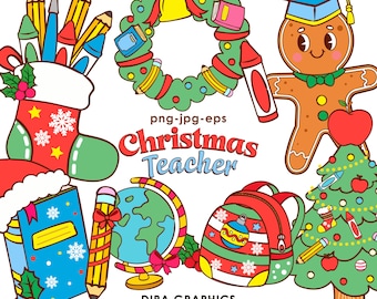 Christmas Teacher Clipart: Santa, Tree, Doodles (Instant Download)