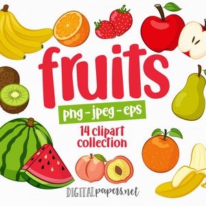 Fruit Clipart, Vector EPS Clipart, Fruit Clip art, Apple Clipart, Watermelon, Banana, Orange Clipart, PNG, Commercial Use, Instant Download