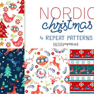 May include: Four seamless Christmas patterns in a Scandinavian style. The patterns feature red and white ornaments, reindeer, birds, and trees on a white, blue, and red background. The text "NORDIC christmas 4 REPEAT PATTERNS DIGITALpapers.net" is displayed above the patterns.