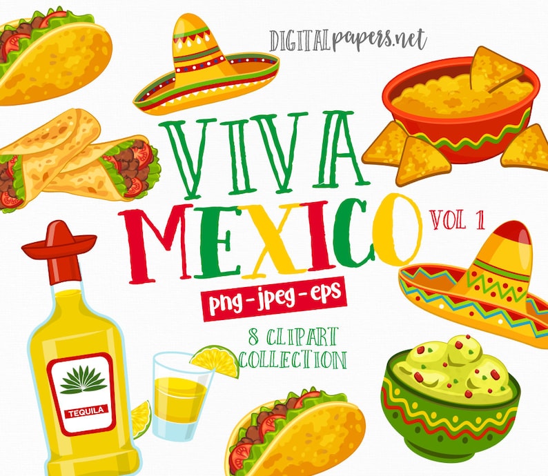 Może przedstawiać: Zestaw ośmiu kolorowych obrazk&oacute;w clipart w stylu meksykańskim, w tym sombrero, tacos, tequila, guacamole i nachos z salsą. Tekst "Viva Mexico Vol 1" jest wyświetlany czerwonymi, zielonymi i ż&oacute;łtymi literami.