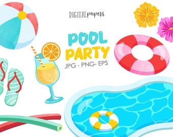 May include: A colourful illustration of a pool party with a blue pool, a yellow and white inner tube, a red and pink life preserver, a blue and white beach ball, a glass of orange juice with a straw, a pair of blue and green flip flops, and two pool noodles. The text "POOL PARTY" is written in yellow and blue letters.
