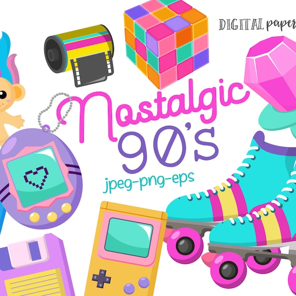 90s Clipart, 90s Party, Nostalgic Illustrations, Retro Clipart, 90s Graphic Design Elements, Vector, Commercial, INSTANT DOWNLOAD