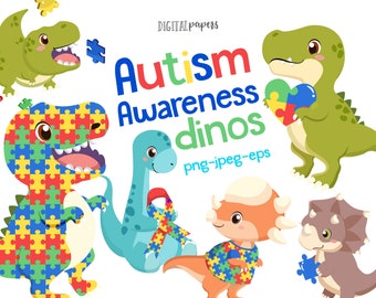 Autism Awareness Clipart, Dinosaur Clipart, Autism Puzzle, Ribbon, T-rex, Triceratops,  Sublimation, Vector, Commercial, INSTANT DOWNLOAD