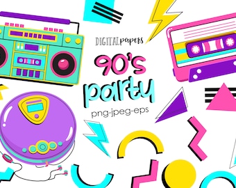 90s Party Clipart: Retro Graphic Design Elements (Digital Download)