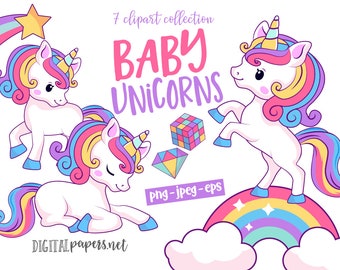 Baby Unicorn Clipart, Rainbow Clip Art, Unicorn Face Clip Art, Unicorn Graphics, Stars Clipart, COMMERCIAL use allowed, INSTANT DOWNLOAD