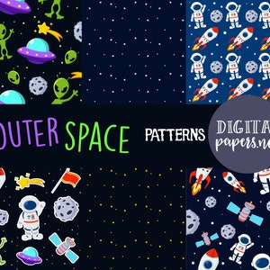 Papeles digitales del espacio exterior, patrones de astronautas, imágenes prediseñadas del planeta, extraterrestre, nave espacial, texturas, comercial, descarga instantánea