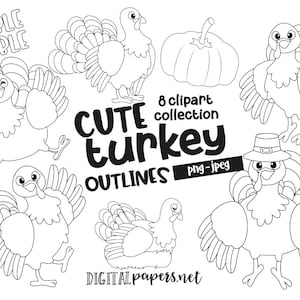 Turkey Outlines Clipart, Thanksgiving Digital Stamps, Turkey Day, Cute Turkey Clip Art, PNG Clipart, Commercial Use, Instant Download