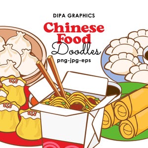 Comida Chinesa Clipart Feito à Mão, Restaurante Chinês, Comida para Viagem Sublimação PNG, JPG e EPS Download Instantâneo