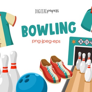 Bowling Clipart, Sport Clipart, Bowling Kugel, Strike Clipart, Retro Clipart, Bowling Stifte, Schuhe, Vektor, kommerzielle, INSTANT DOWNLOAD