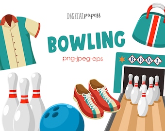 Bowling Clipart, Sport clipart, Bowling ball, Strike clipart, Retro clipart, Bowling pins, Shoes, Vector, Commercial, INSTANT DOWNLOAD