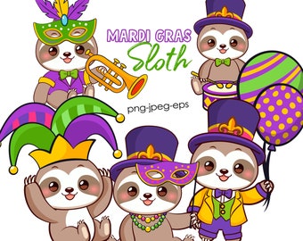 Mardi Gras PNG Clipart, Sloth Clipart, Mardi Gras Sloth png, Holiday Clipart, Mardigras, Commercial Use, Instant Download