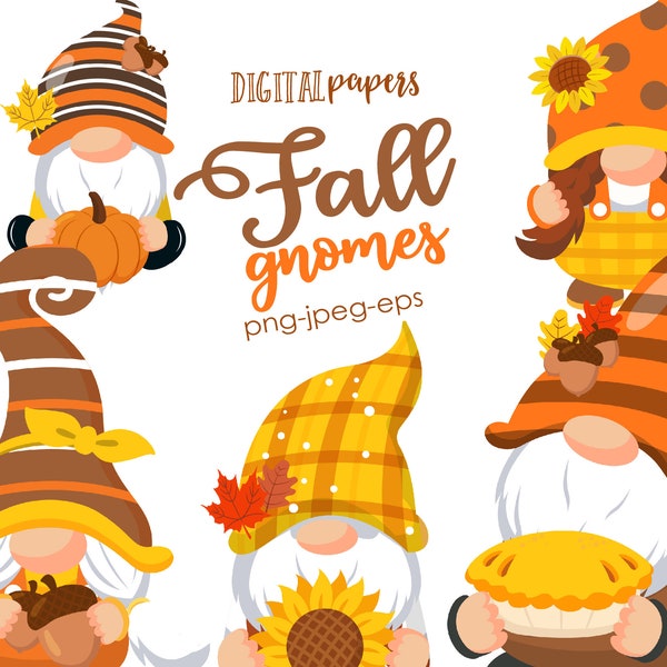 Autumn Gnome Clipart, Fall Clipart, Gnome Clipart, Pumpkin, Pumpkin Pie, Leaves, Sunflower Illustration, COMMERCIAL, INSTANT DOWNLOAD
