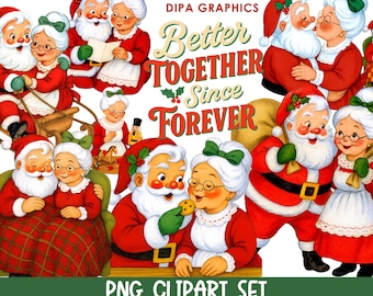 Vintage Weihnachtsmann und Mrs Claus PNG Clipart, klassische Urlaub Aquarell Grafiken, Instant Download