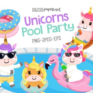 May include: A digital illustration depicting a unicorn pool party. The image shows unicorns in a pool, on a flamingo float, and relaxing. The text "Unicorns Pool Party" is displayed in a colourful font, along with donut-shaped pool floats.