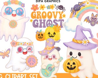 Hippie Halloween Geist Aquarell PNG Clipart Set mit Transparenten Hintergrund Original Grafiken