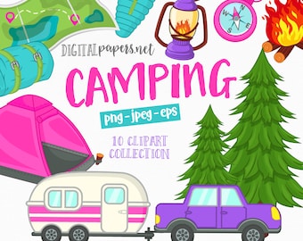 Happy Camper Clipart: Campfire, Tent, and RV (PNG, EPS)