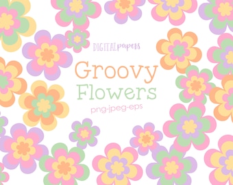 Groovy Flowers Clipart, Flowers Graphics, Spring Clipart, Garden Clipart, Floral Clip art, Vector, Commercial, INSTANT DOWNLOAD