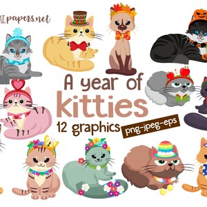 A Year of Kitties Clipart, Valentines Day, St Patricks, Halloween, Christmas, Cat Clipart, COMMERCIAL use, INSTANT DOWNLOAD