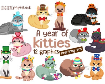 A Year of Kitties Clipart, Valentines Day, St Patricks, Halloween, Christmas, Cat Clipart, COMMERCIAL use, INSTANT DOWNLOAD