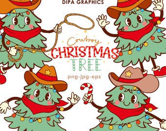 Retro Christmas Cowboy Tree Clipart: Handmade PNG Graphics (Digital Download)